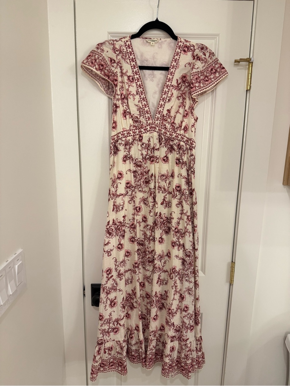 Max Studio Cream Maxi Dress with Burgundy Floral Print